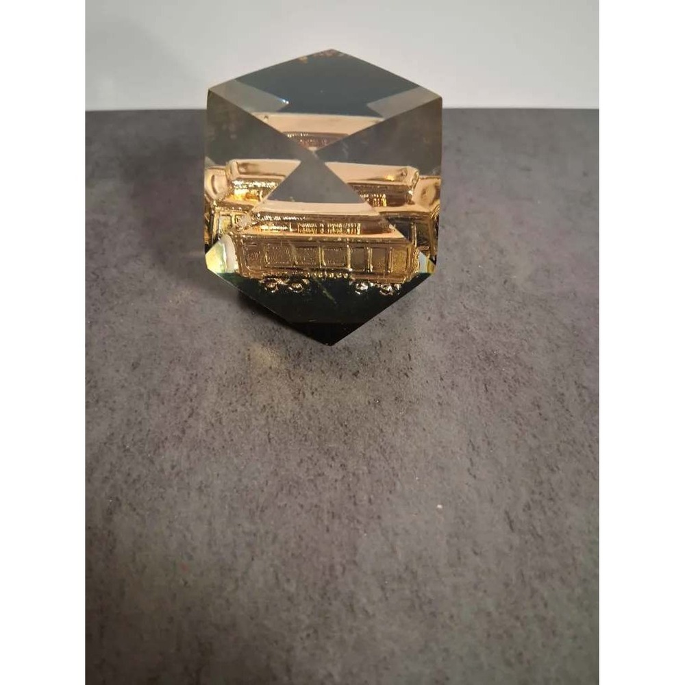 Vintage Gold Tone Train Locomotive Lucite Cube Paperweight Railroad Decor